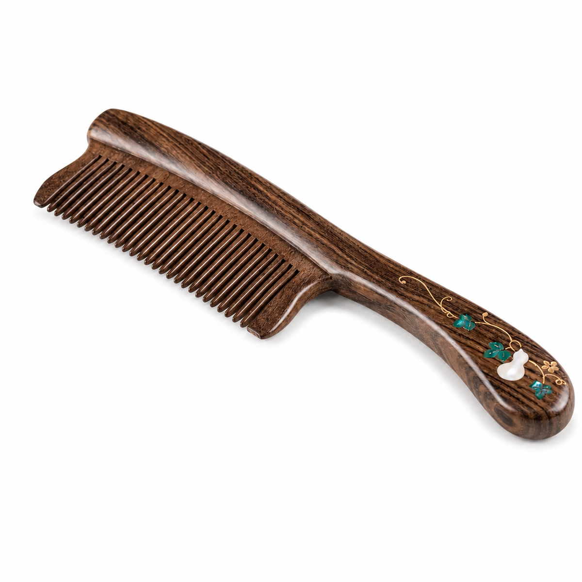 Sandalwood Hair Comb, Hand‑Inlaid Mother‑of‑Pearl Gourd Pattern Wooden Detangler Comb for Women