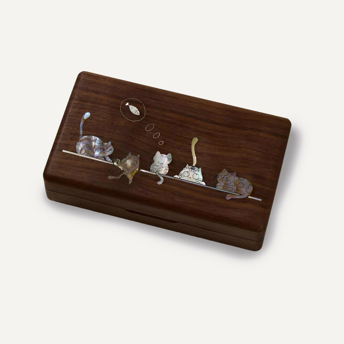 Walnut Wood Jewelry Box, Hand‑Carved Mother‑of‑Pearl Inlay Cute Cats Pattern, Vintage Trinket Storage Case for Rings Earrings