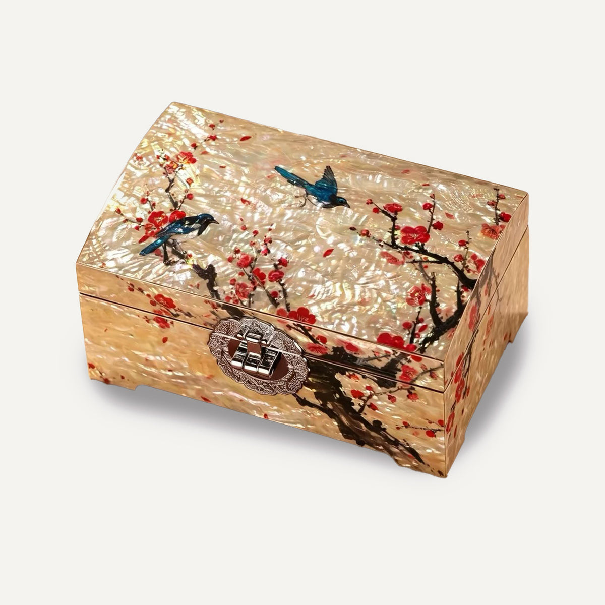 Boîte à bijoux vintage en laque, incrustation nacre pie et fleurs de prunier, coffre à bibelots décoratif verrouillable pour femmes