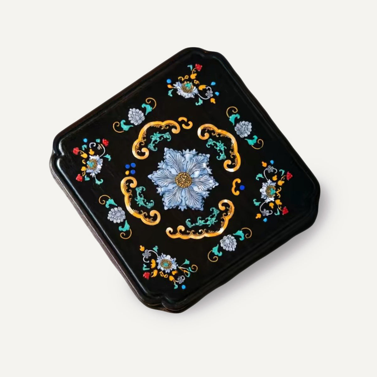 Black Wood Decorative Keepsake Box, Mother‑of‑Pearl & Gold Foil Inlay Peony Floral Art, Square Trinket Storage Box