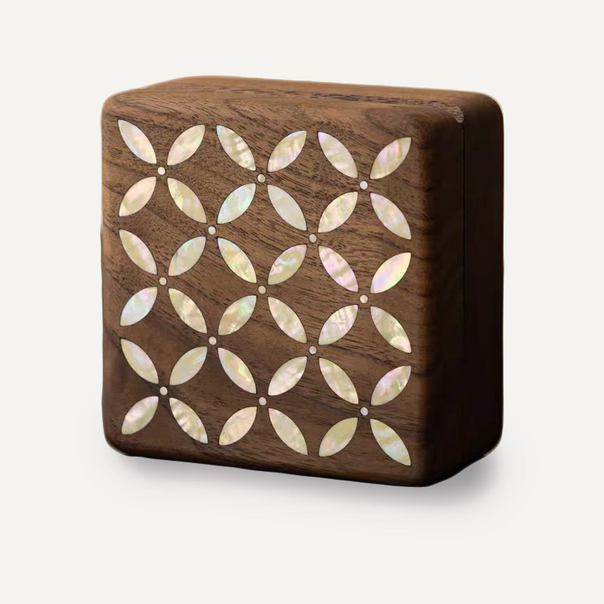 Minimalist Walnut Jewelry Box, Natural Mother‑of‑Pearl Inlay Geometric Clover Pattern, Solid Wood Ring Trinket Box