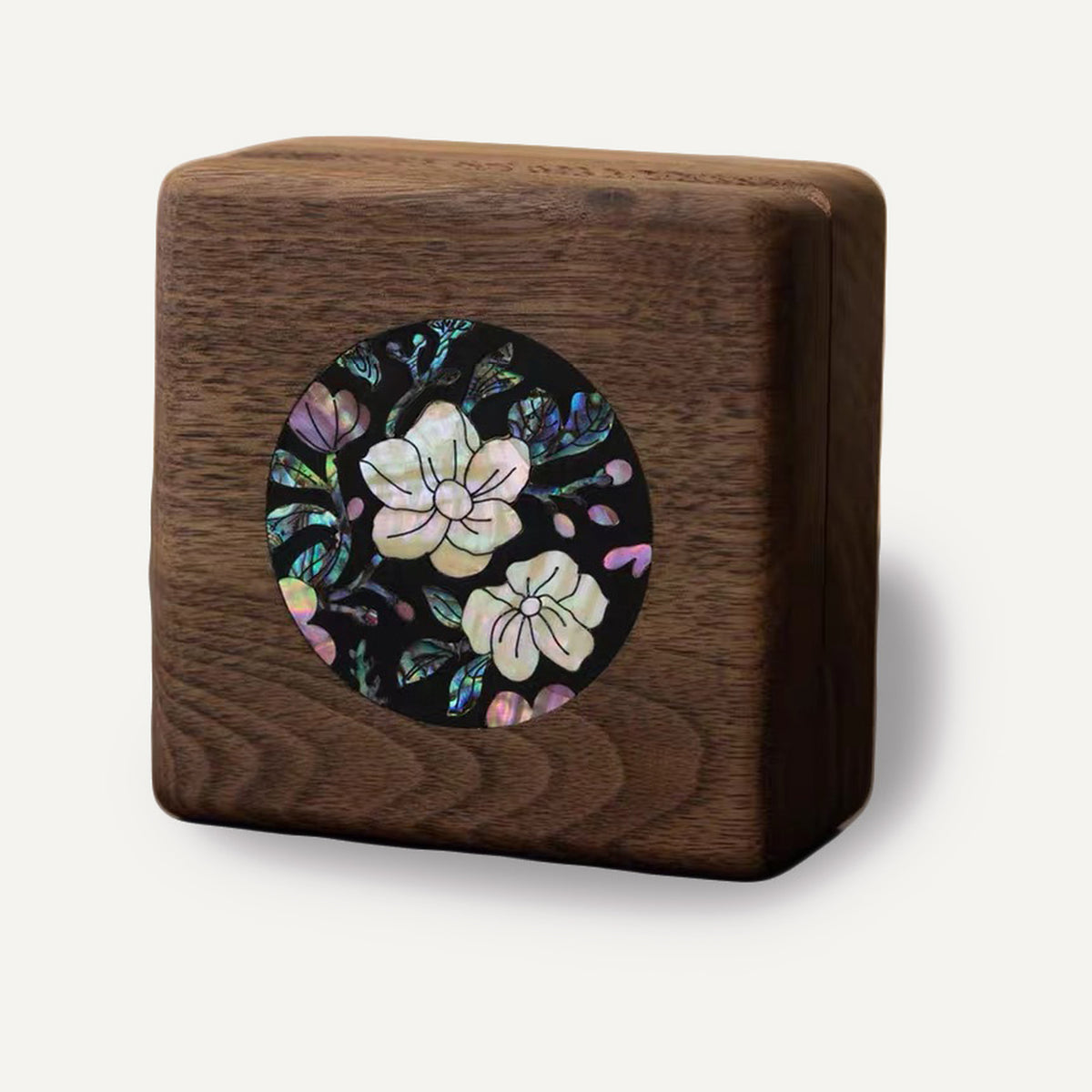 Compact Walnut Ring Box, Round Medallion Mother‑of‑Pearl Inlay Floral Pattern, Small Solid Wood Trinket Keepsake Box