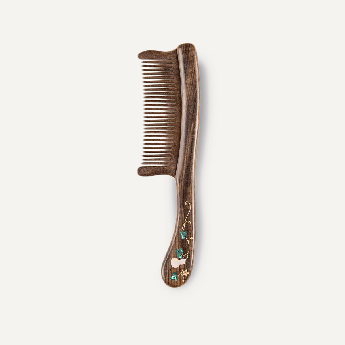 Sandalwood Hair Comb, Hand‑Inlaid Mother‑of‑Pearl Gourd Pattern Wooden Detangler Comb for Women