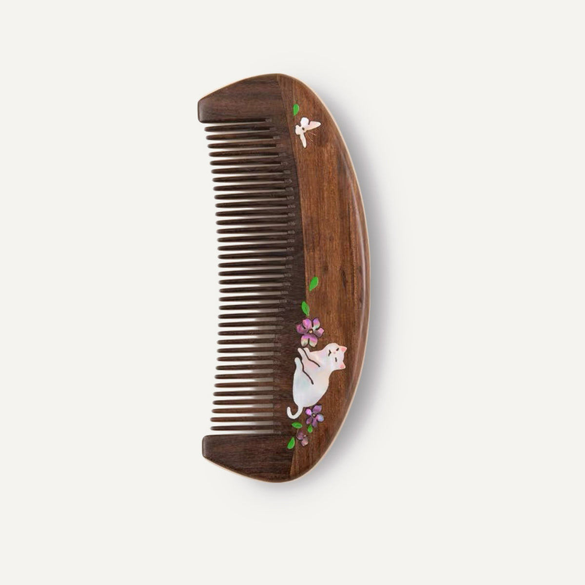Sandalwood Hair Comb, Mother‑of‑Pearl Inlay Cat & Butterfly Floral Pattern, Handmade Anti‑Static Wooden Comb