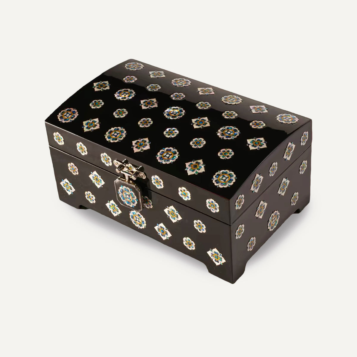 Arched Rectangular Lacquer Jewelry Box | All‑Over Mother‑of‑Pearl Floral Inlay