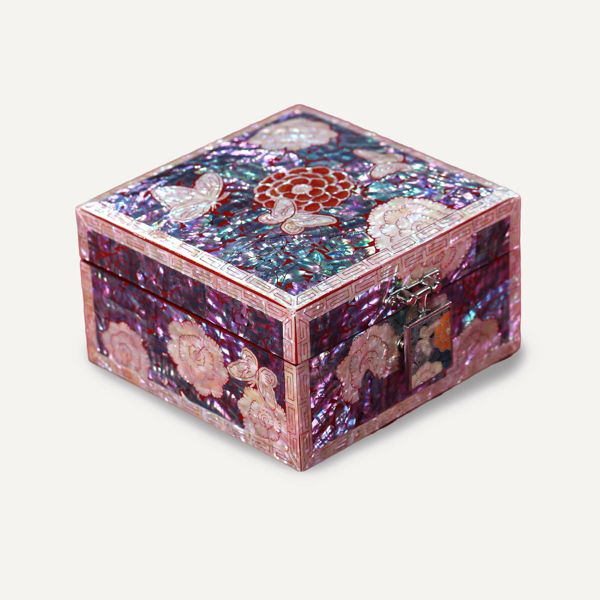Boîte à bijoux mosaïque en nacre craquelée, motif Pivoine et Papillon