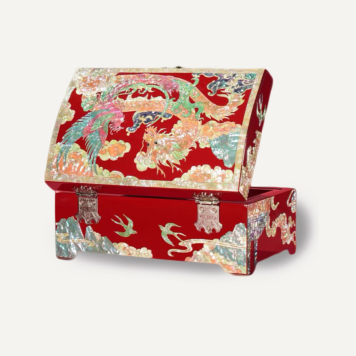 Vintage Red Lacquer Dragon‑Phoenix Wedding Chest, Large Mother‑of‑Pearl Inlaid Jewelry Box