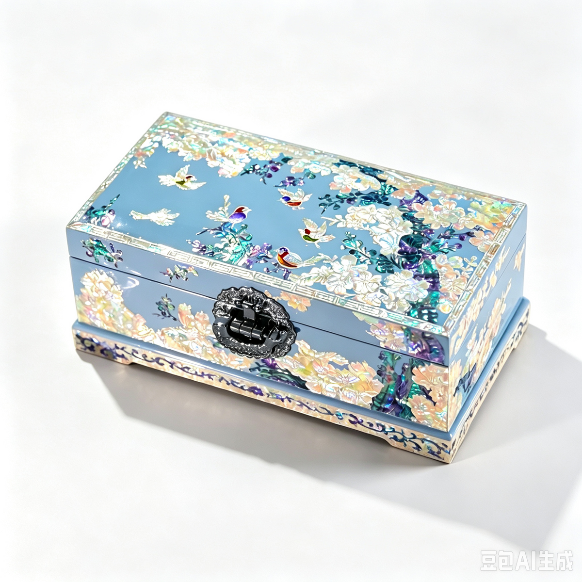 Light Blue Mother-of-Pearl Jewelry Box, Vintage Oriental Treasure Box with Decorative Lock