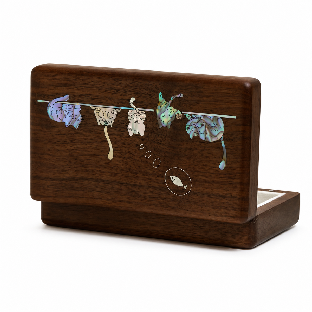 Walnut Wood Jewelry Box, Hand‑Carved Mother‑of‑Pearl Inlay Cute Cats Pattern, Vintage Trinket Storage Case for Rings Earrings