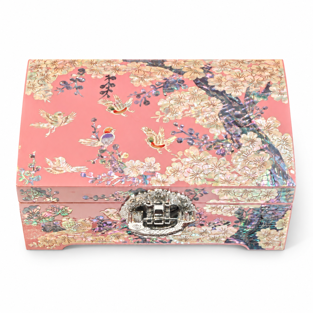 Pastel Pink Lacquer Jewelry Chest, Plum Blossom & Birds Mother‑of‑Pearl Inlay