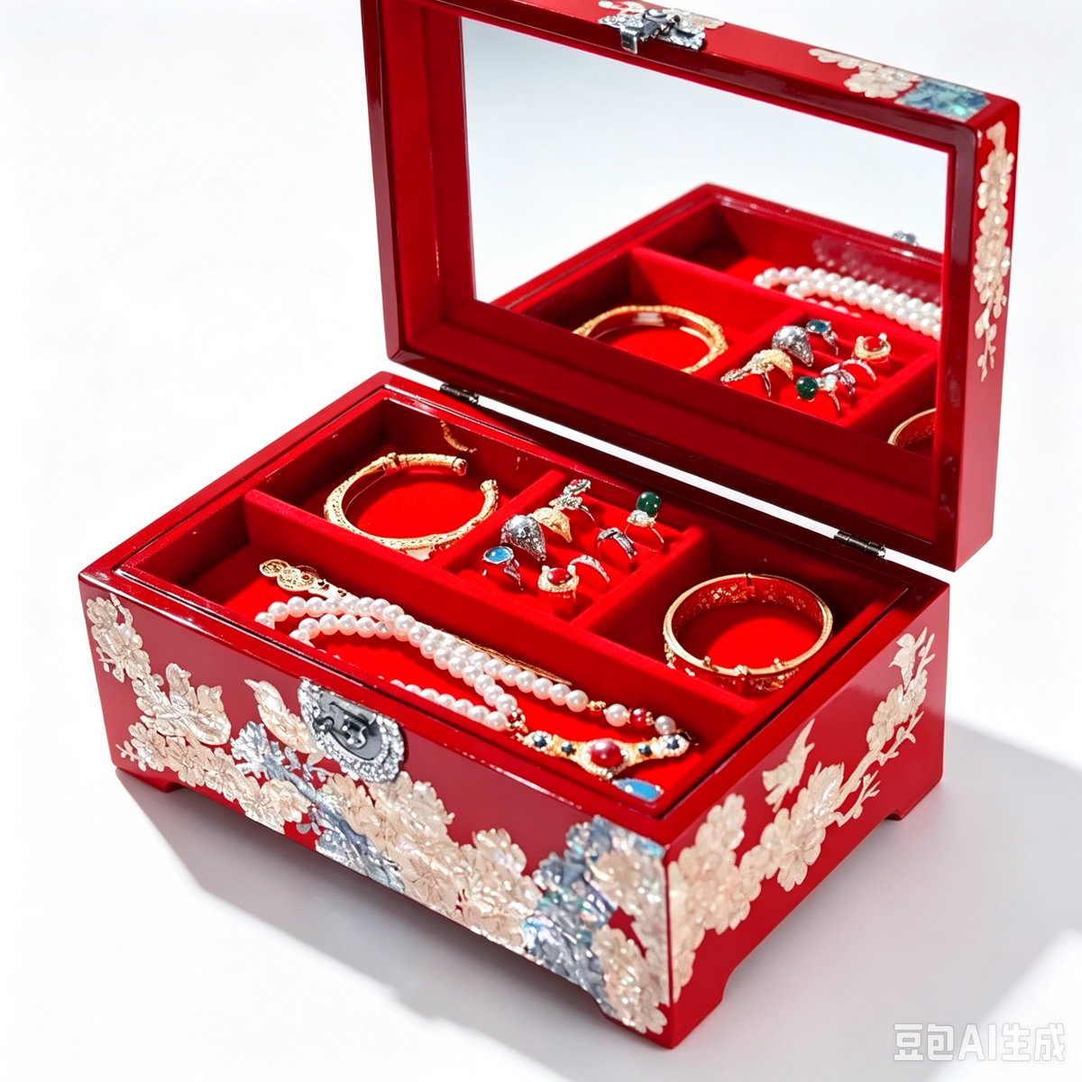 Red Mother-of-Pearl Jewelry Box, Plum Blossom and Bird Design, Vintage Oriental Treasure Box with Lock