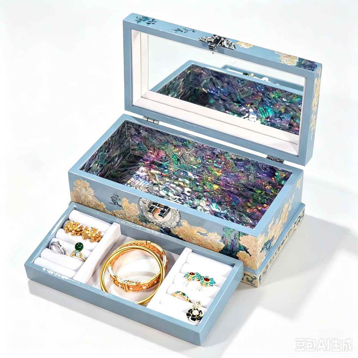 Light Blue Mother-of-Pearl Jewelry Box, Vintage Oriental Treasure Box with Decorative Lock