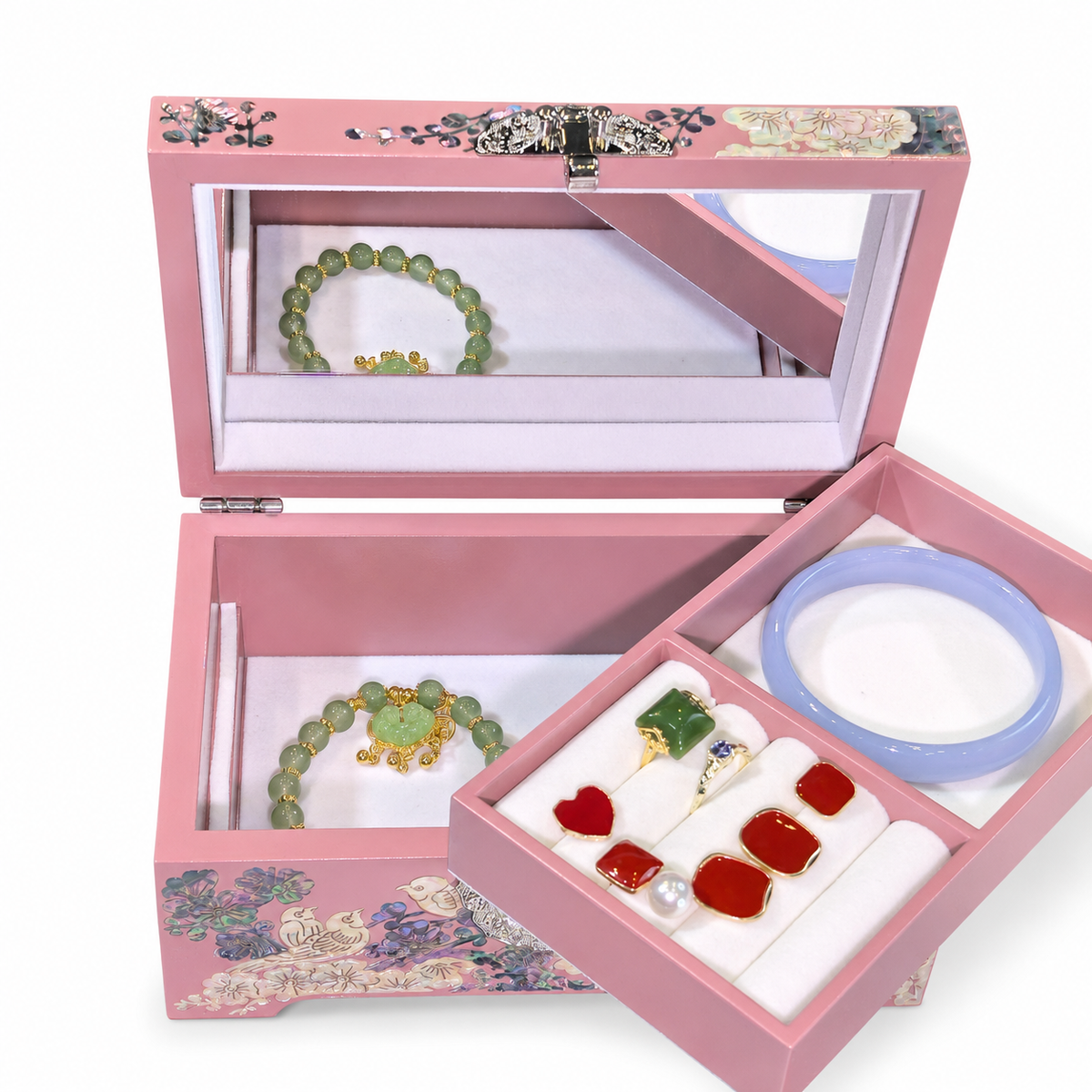 Pastel Pink Lacquer Jewelry Chest, Plum Blossom & Birds Mother‑of‑Pearl Inlay