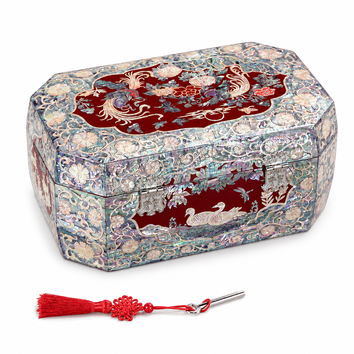 Octagonal Red Lacquer Treasure Box, Phoenix & Peony Mother‑of‑Pearl Inlay