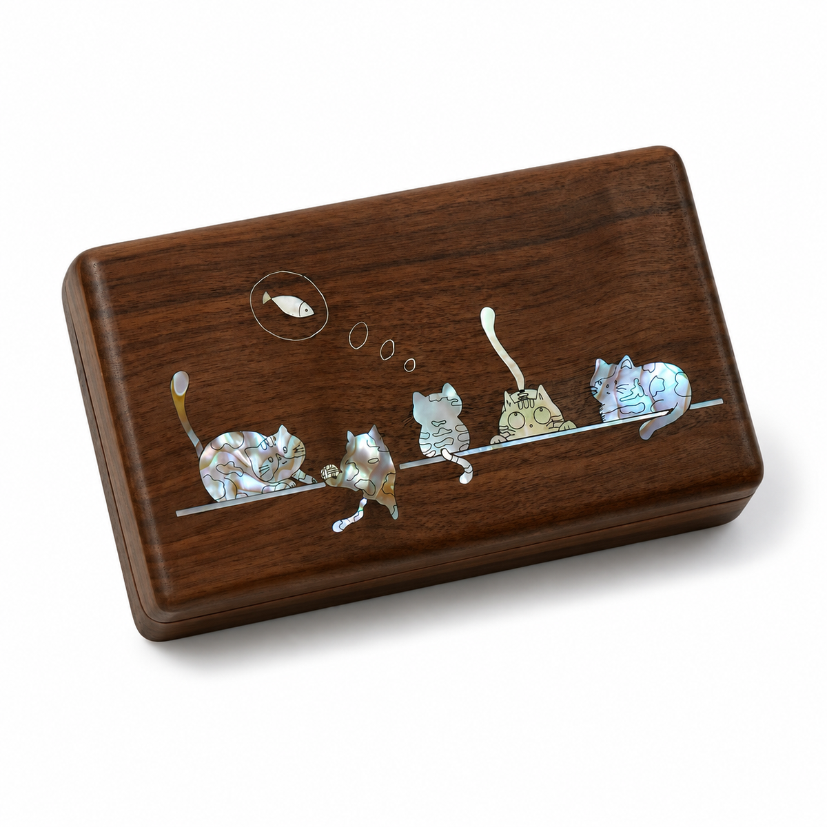 Walnut Wood Jewelry Box, Hand‑Carved Mother‑of‑Pearl Inlay Cute Cats Pattern, Vintage Trinket Storage Case for Rings Earrings