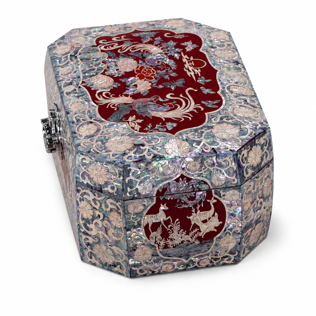 Octagonal Red Lacquer Treasure Box, Phoenix & Peony Mother‑of‑Pearl Inlay