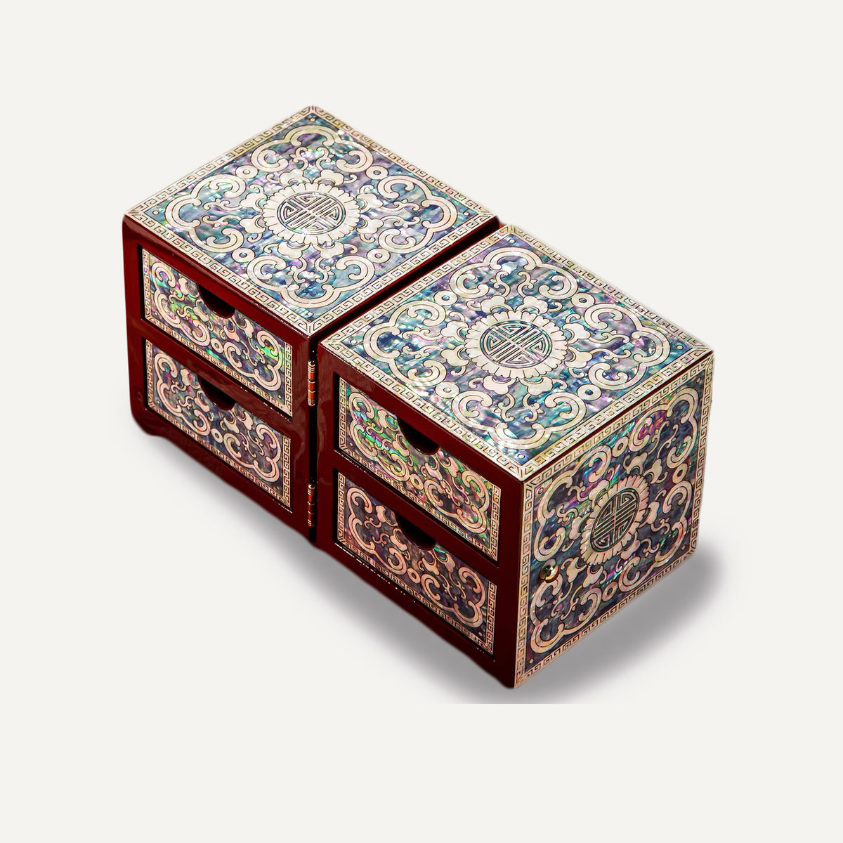 Foldable Dual‑Drawer Mother‑of‑Pearl Jewelry Cabinet, Four‑Drawer Lacquer Trinket Organizer Box with Floral Shell Inlay
