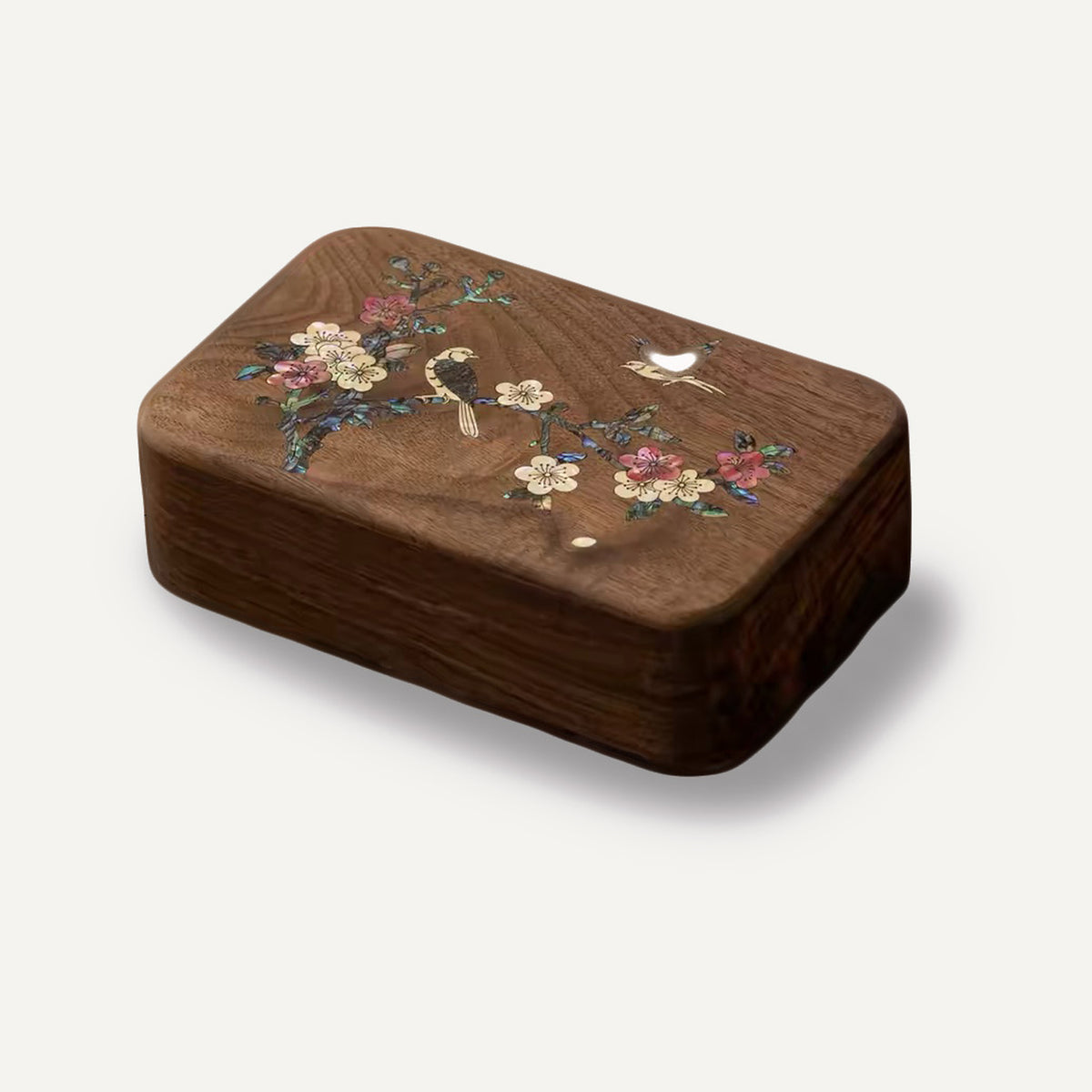 Walnut Wood Jewelry Trinket Box, Hand‑Made Mother‑of‑Pearl Inlay Plum Blossom & Birds, Vintage Solid Wood Accessory Storage Case