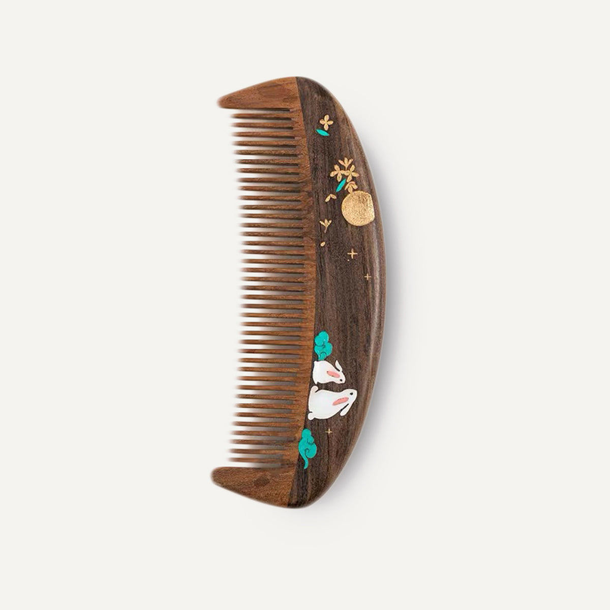 Sandalwood Wooden Hair Comb, Mother‑of‑Pearl Inlay Moon Rabbit Pattern, Anti‑Static Handmade Decorative Hair Comb