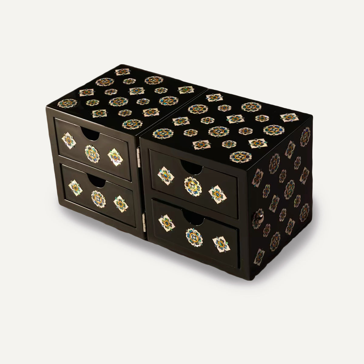 Double‑Sided Mother‑of‑Pearl Inlay Jewelry Cabinet, Chinese Shou Symbol Floral Pattern Multi‑Drawer Lacquer Trinket Organizer Box