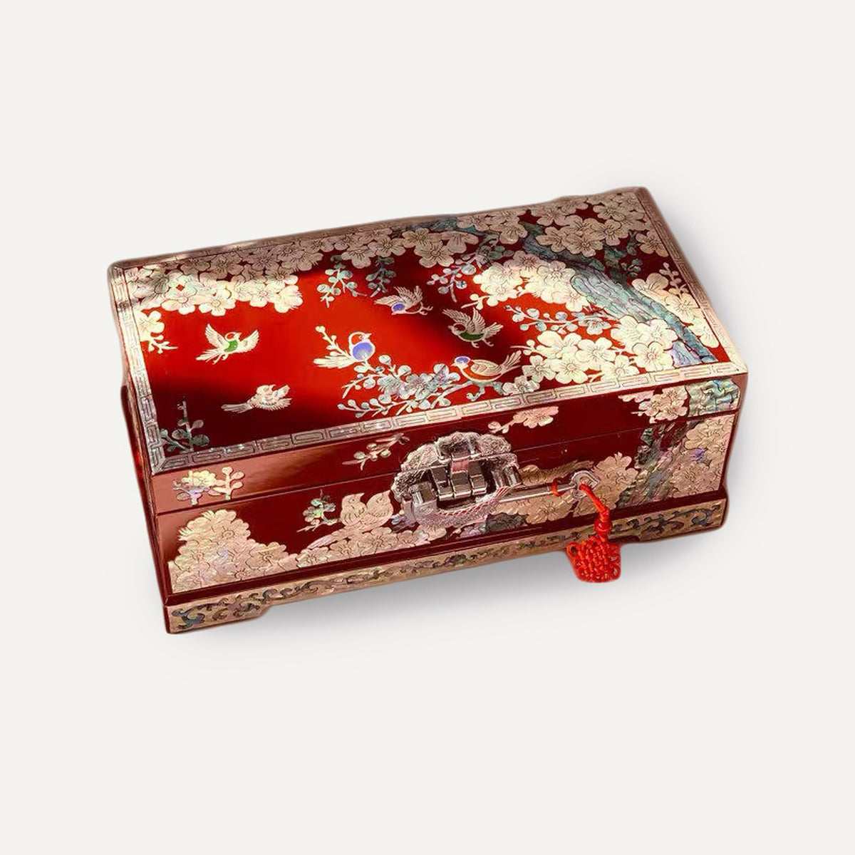 Red Lacquer Bird‑and‑Flower Jewelry Box with Combination Lock, Mother‑of‑Pearl Inlay
