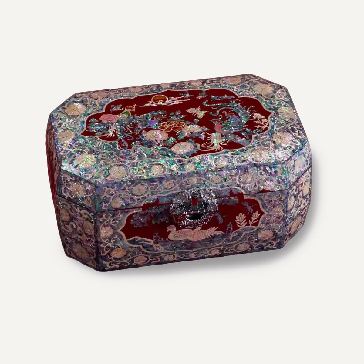 Octagonal Red Lacquer Treasure Box, Phoenix & Peony Mother‑of‑Pearl Inlay