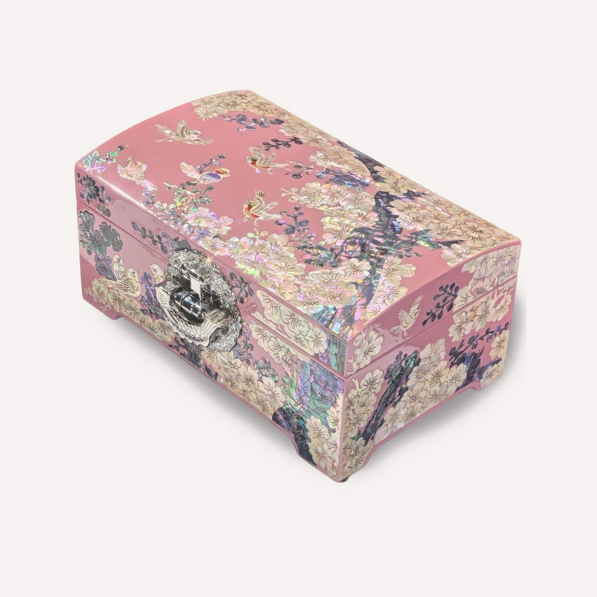 Pastel Pink Lacquer Jewelry Chest, Plum Blossom & Birds Mother‑of‑Pearl Inlay