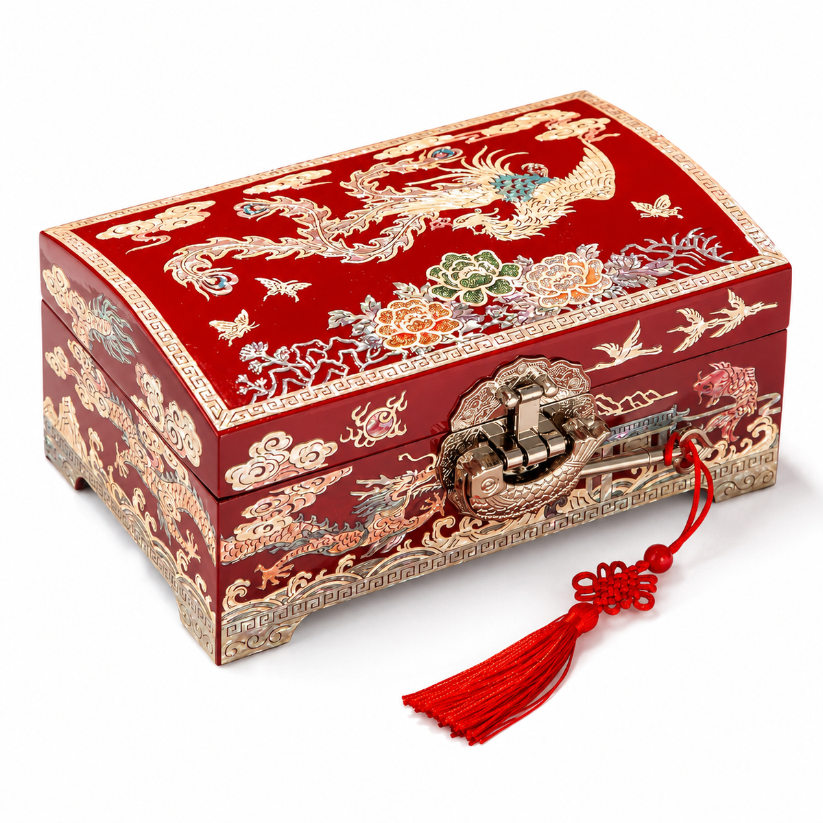 Vintage Red Lacquer Dragon‑Phoenix Wedding Chest, Large Mother‑of‑Pearl Inlaid Jewelry Box