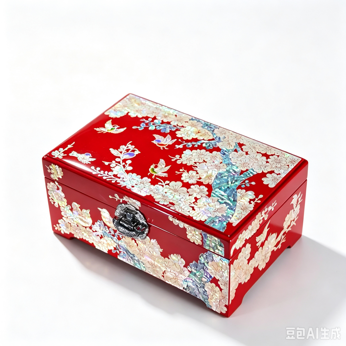 Red Mother-of-Pearl Jewelry Box, Plum Blossom and Bird Design, Vintage Oriental Treasure Box with Lock