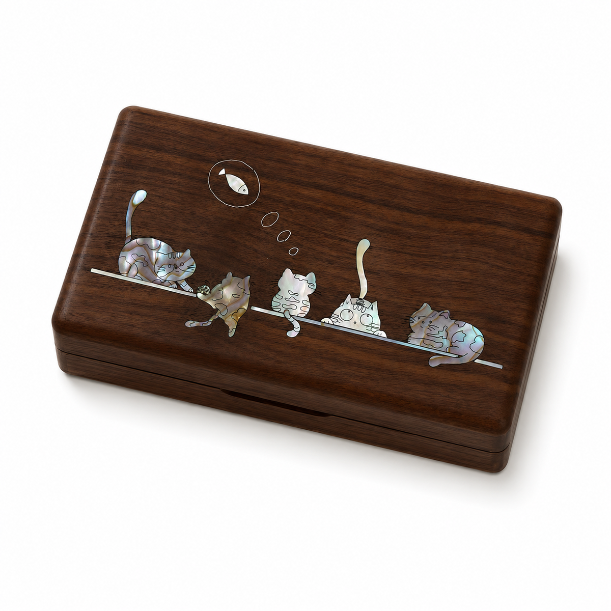 Walnut Wood Jewelry Box, Hand‑Carved Mother‑of‑Pearl Inlay Cute Cats Pattern, Vintage Trinket Storage Case for Rings Earrings