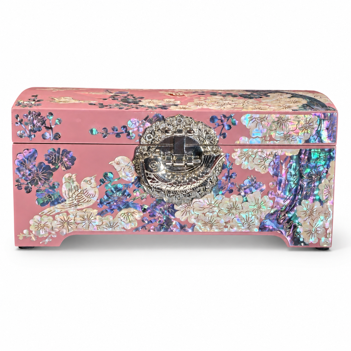 Pastel Pink Lacquer Jewelry Chest, Plum Blossom & Birds Mother‑of‑Pearl Inlay