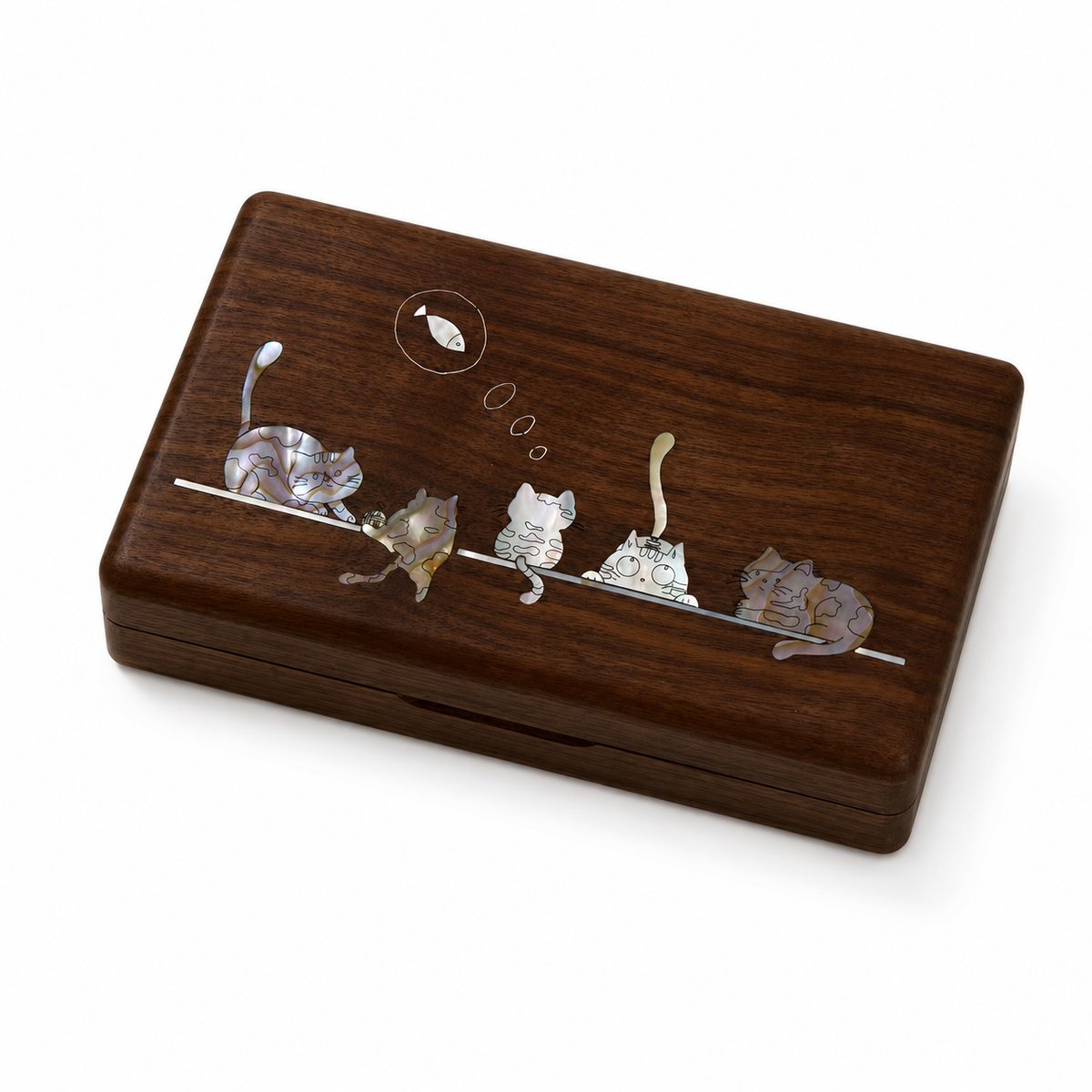 Walnut Wood Jewelry Box, Hand‑Carved Mother‑of‑Pearl Inlay Cute Cats Pattern, Vintage Trinket Storage Case for Rings Earrings