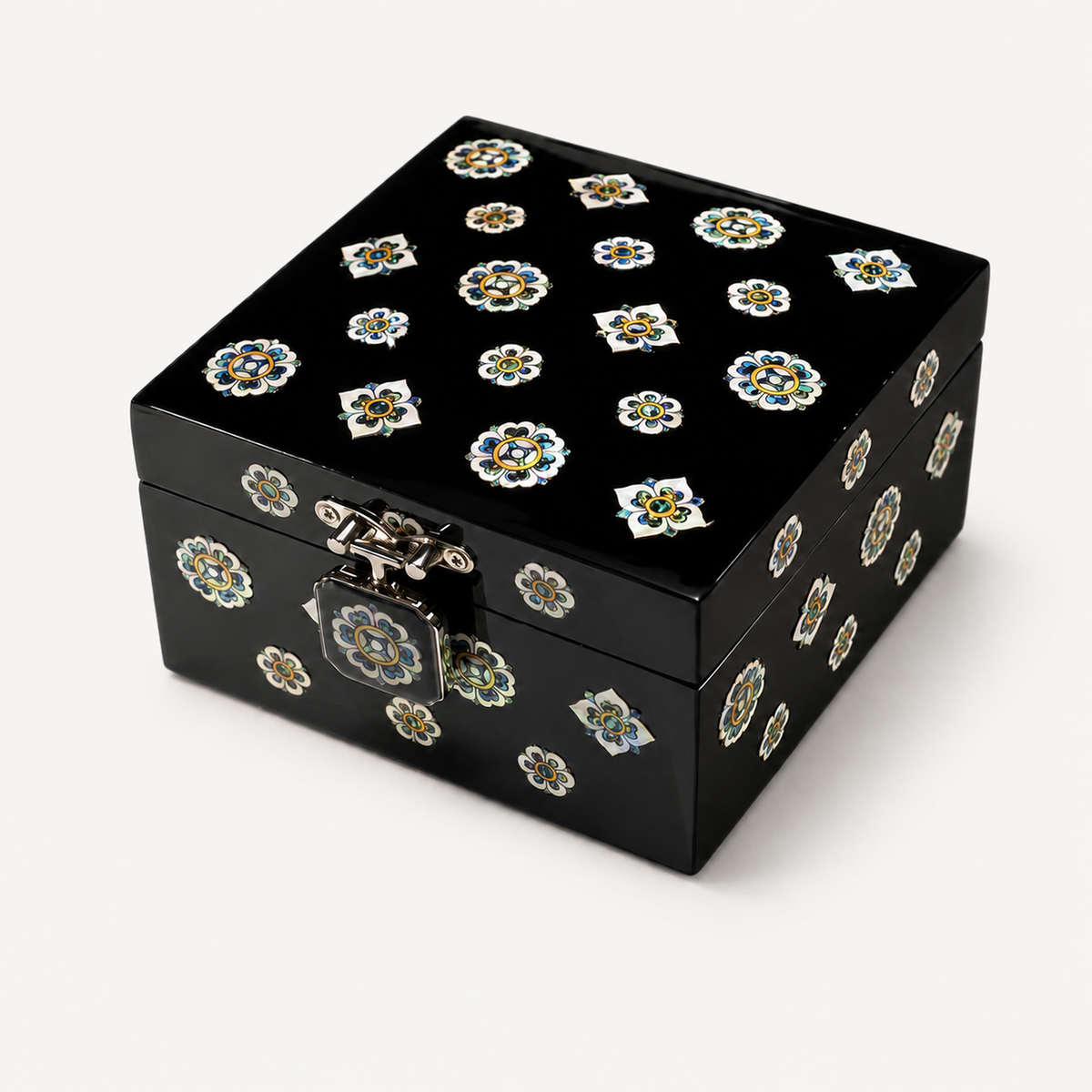Full‑Surface Inlay Square Lacquer Jewelry Chest, Mother‑of‑Pearl Floral Pattern