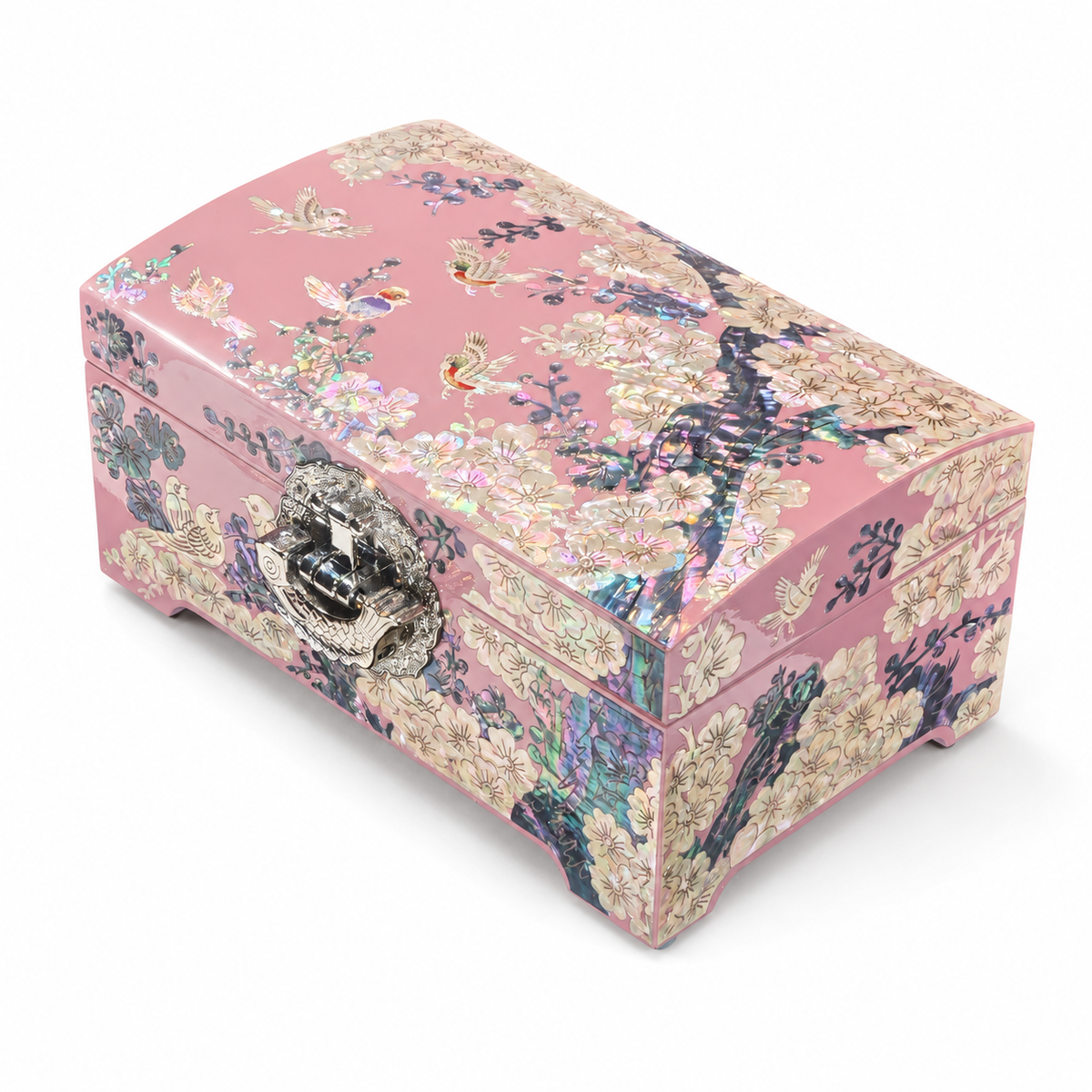 Pastel Pink Lacquer Jewelry Chest, Plum Blossom & Birds Mother‑of‑Pearl Inlay