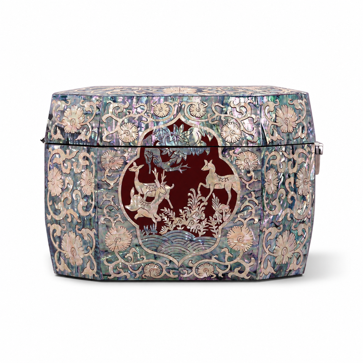 Octagonal Red Lacquer Treasure Box, Phoenix & Peony Mother‑of‑Pearl Inlay