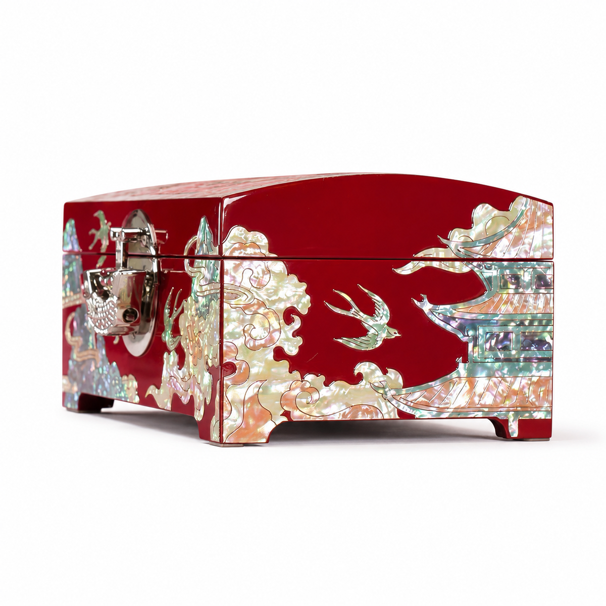 Vintage Red Lacquer Dragon‑Phoenix Wedding Chest, Large Mother‑of‑Pearl Inlaid Jewelry Box