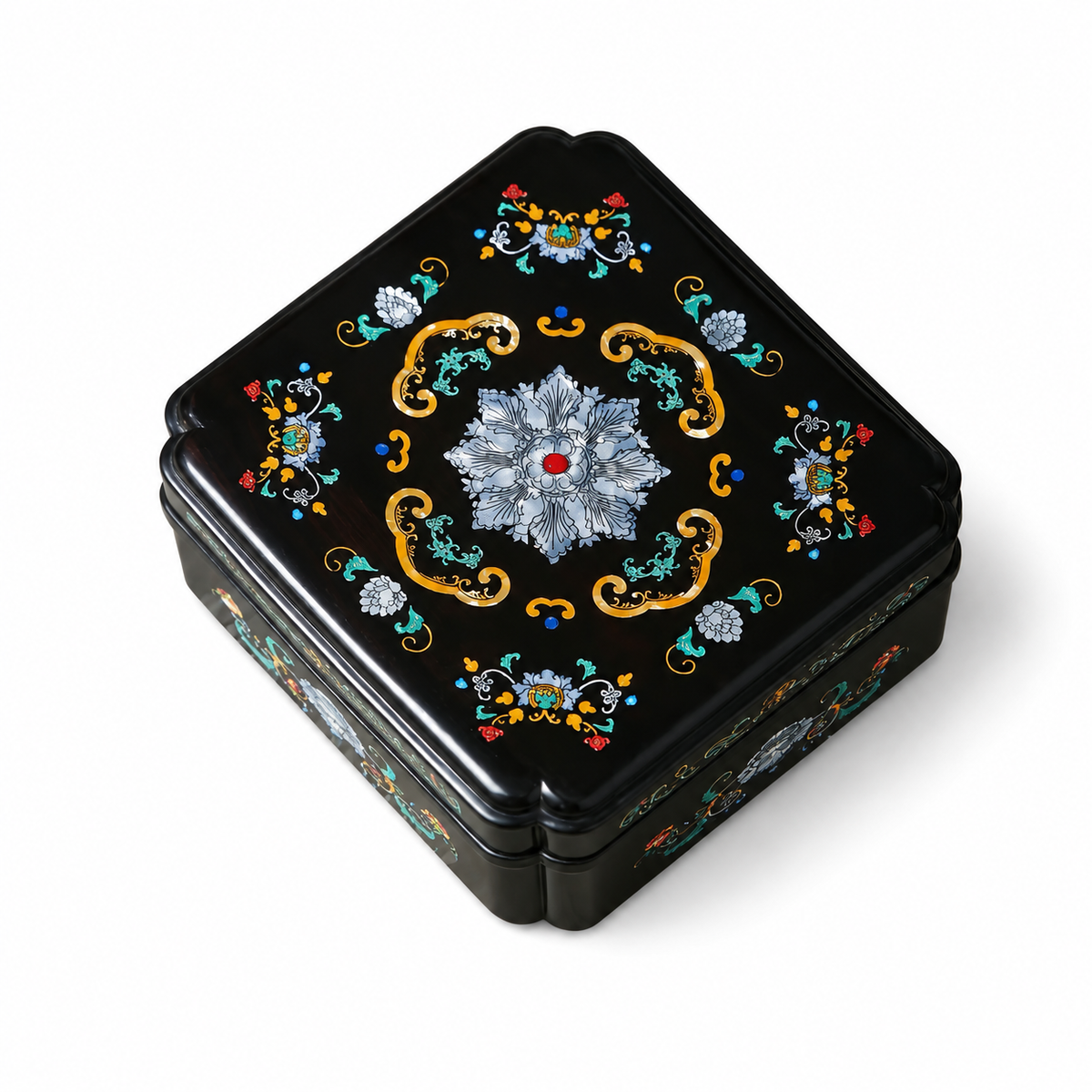 Black Wood Decorative Keepsake Box, Mother‑of‑Pearl & Gold Foil Inlay Peony Floral Art, Square Trinket Storage Box